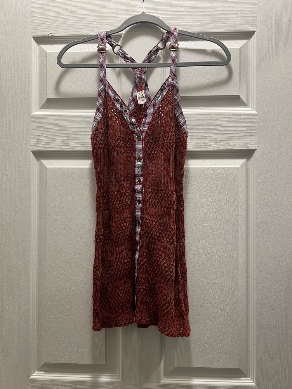 FREE PEOPLE Rust Crochet Button Front Tank w/Plaid Trim & Embellishment Size Med